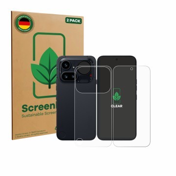 Parte frontal de un envase de producto con el logotipo de la marca ScreenLeaf. Al lado se muestra el dispositivo Nothing Phone