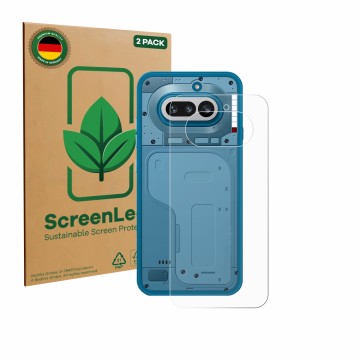 Front side of a product packaging with the brand logo ScreenLeaf. Next to it is the device Nothing Phone (4a) (Back) shown wit