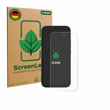 Front side of a product packaging with the brand logo ScreenLeaf. Next to it is the device Xiaomi Poco X8 Pro shown with the c