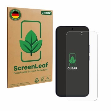 Parte frontale di una confezione del prodotto con il logo del marchio ScreenLeaf. Accanto è raffigurato il dispositivo realme 