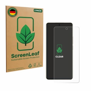 Front side of a product packaging with the brand logo ScreenLeaf. Next to it is the device realme 16 shown with the correspond