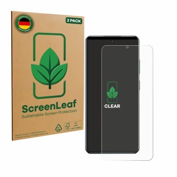Parte frontal de un envase de producto con el logotipo de la marca ScreenLeaf. Al lado se muestra el dispositivo realme C63 5G