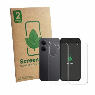 Parte frontal de un envase de producto con el logotipo de la marca ScreenLeaf. Al lado se muestra el dispositivo Xiaomi Poco X