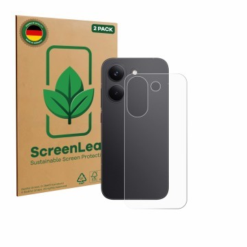 Vorderseite einer Produktverpackung mit dem Markenlogo ScreenLeaf. Daneben ist das Gerät Xiaomi Poco X8 Pro (Rückseite) mit de