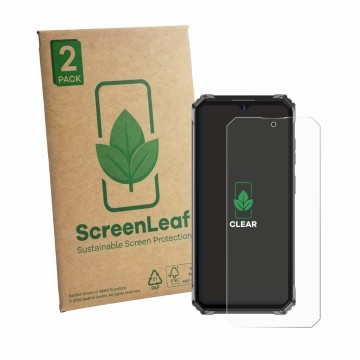 Parte frontal de un envase de producto con el logotipo de la marca ScreenLeaf. Al lado se muestra el dispositivo Oukitel G7 co