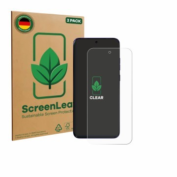 Vorderseite einer Produktverpackung mit dem Markenlogo ScreenLeaf. Daneben ist das Gerät Motorola Edge 70 Fusion mit dem zugeh