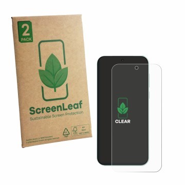 Parte frontal de un envase de producto con el logotipo de la marca ScreenLeaf. Al lado se muestra el dispositivo OnePlus Nord 