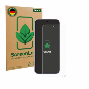 Parte frontal de un envase de producto con el logotipo de la marca ScreenLeaf. Al lado se muestra el dispositivo Vivo V70 FE c