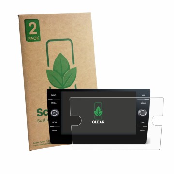 Vorderseite einer Produktverpackung mit dem Markenlogo ScreenLeaf. Daneben ist das Gerät Volkswagen T-Roc Style 2023 Discover 