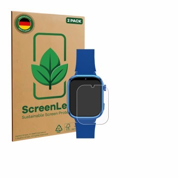 Face avant d’un emballage produit avec le logo de la marque ScreenLeaf. À côté, l’appareil whraills Kids Smartwatch est représ
