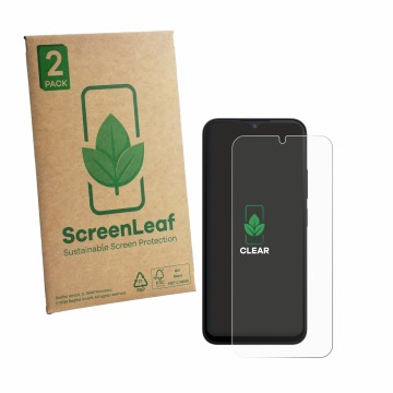 Front side of a product packaging with the brand logo ScreenLeaf. Next to it is the device Xiaomi Redmi A7 Pro shown with the 