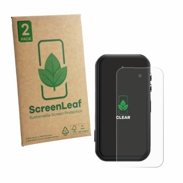 Face avant d’un emballage produit avec le logo de la marque ScreenLeaf. À côté, l’appareil Fossibot F116 Pro 5G est représenté
