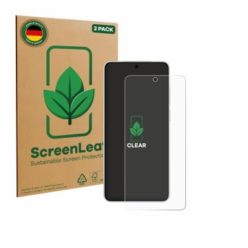 Parte frontale di una confezione del prodotto con il logo del marchio ScreenLeaf. Accanto è raffigurato il dispositivo Vivo X3