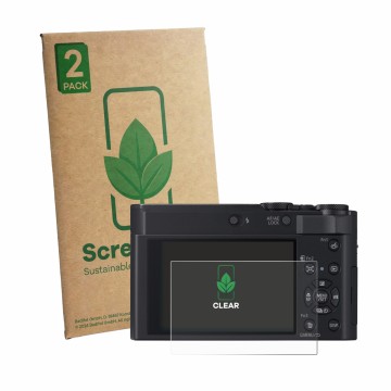 Vorderseite einer Produktverpackung mit dem Markenlogo ScreenLeaf. Daneben ist das Gerät Panasonic Lumix DC-TZ300 mit dem zuge