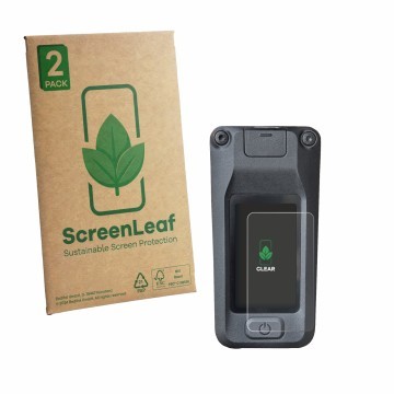 Parte frontal de un envase de producto con el logotipo de la marca ScreenLeaf. Al lado se muestra el dispositivo Amflow DJI Av