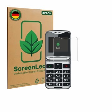 Vorderseite einer Produktverpackung mit dem Markenlogo ScreenLeaf. Daneben ist das Gerät bea-fon Fold 10 LTE mit dem zugehörig