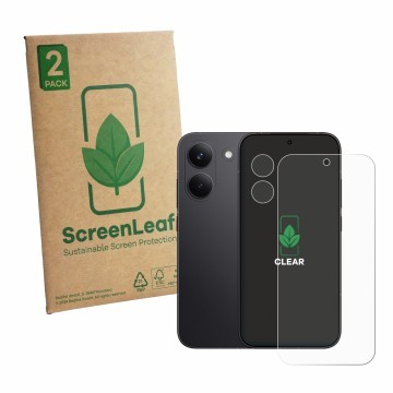 Front side of a product packaging with the brand logo ScreenLeaf. Next to it is the device Xiaomi Poco X8 Pro Iron Man Edition