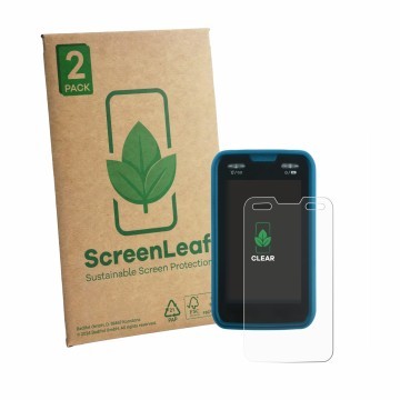 Parte frontal de un envase de producto con el logotipo de la marca ScreenLeaf. Al lado se muestra el dispositivo Softing IT Ne