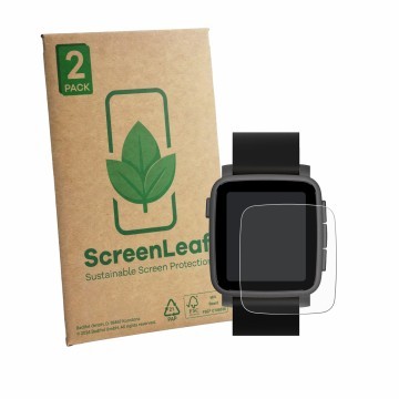 Parte frontale di una confezione del prodotto con il logo del marchio ScreenLeaf. Accanto è raffigurato il dispositivo Pebble 