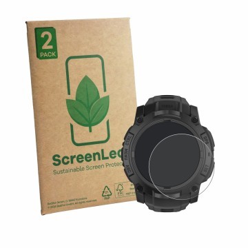Face avant d’un emballage produit avec le logo de la marque ScreenLeaf. À côté, l’appareil Garmin Instinct 3 Tactical Edition 