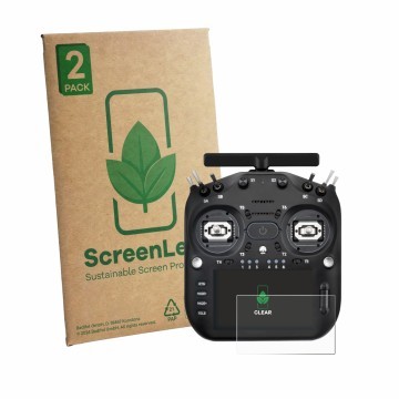 Parte frontal de un envase de producto con el logotipo de la marca ScreenLeaf. Al lado se muestra el dispositivo Radiomaster T