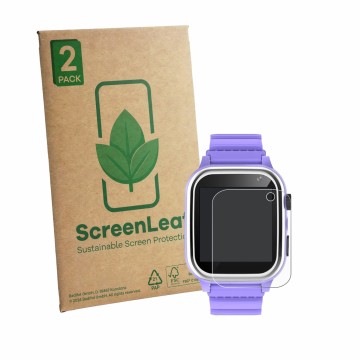 Vorderseite einer Produktverpackung mit dem Markenlogo ScreenLeaf. Daneben ist das Gerät kaacly Kids Smartwatch 1.44