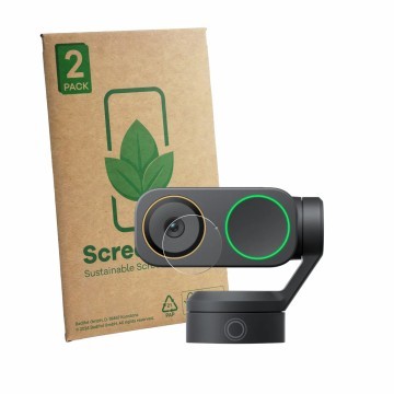 Parte frontal de un envase de producto con el logotipo de la marca ScreenLeaf. Al lado se muestra el dispositivo Insta360 Link