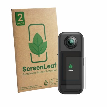 Parte frontal de un envase de producto con el logotipo de la marca ScreenLeaf. Al lado se muestra el dispositivo Akaso 360 con