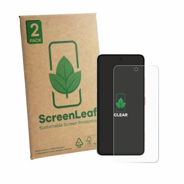 Vorderseite einer Produktverpackung mit dem Markenlogo ScreenLeaf. Daneben ist das Gerät ZTE Nubia Focus 2 Ultra mit dem zugeh
