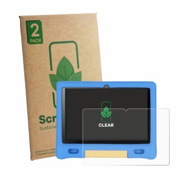 Face avant d’un emballage produit avec le logo de la marque ScreenLeaf. À côté, l’appareil Bufo Kids Tablet 10.1