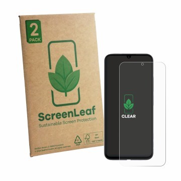 Vorderseite einer Produktverpackung mit dem Markenlogo ScreenLeaf. Daneben ist das Gerät Redmi R70m 5G mit dem zugehörigen Dis