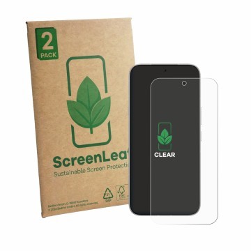 Parte frontale di una confezione del prodotto con il logo del marchio ScreenLeaf. Accanto è raffigurato il dispositivo Infinix