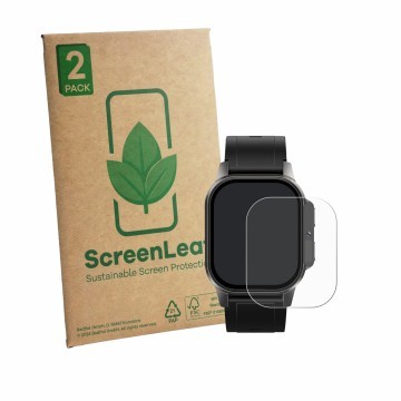 Vorderseite einer Produktverpackung mit dem Markenlogo ScreenLeaf. Daneben ist das Gerät Domino Watch DM62 mit dem zugehörigen