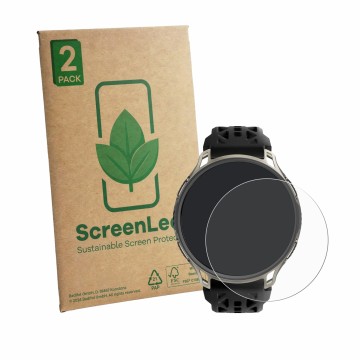 Face avant d’un emballage produit avec le logo de la marque ScreenLeaf. À côté, l’appareil Amazfit Cheetah 2 Pro est représent