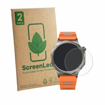 Face avant d’un emballage produit avec le logo de la marque ScreenLeaf. À côté, l’appareil Oppo Watch X3 est représenté avec l