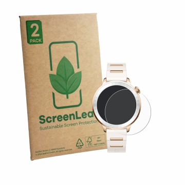 Vorderseite einer Produktverpackung mit dem Markenlogo ScreenLeaf. Daneben ist das Gerät Oppo Watch X3 Mini mit dem zugehörige
