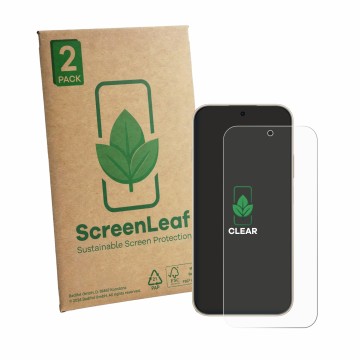 Parte frontal de un envase de producto con el logotipo de la marca ScreenLeaf. Al lado se muestra el dispositivo Huawei Enjoy 