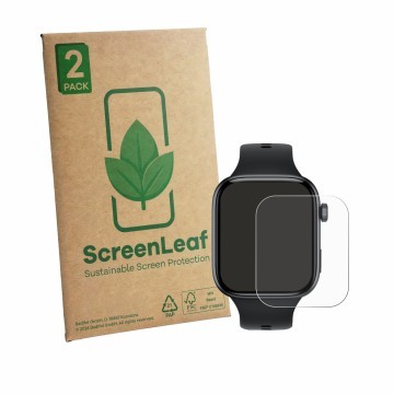 Front side of a product packaging with the brand logo ScreenLeaf. Next to it is the device Honor Watch X5i shown with the corr