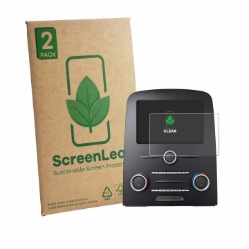 Front side of a product packaging with the brand logo ScreenLeaf. Next to it is the device Renault Scenic IV Intens Energy TCe