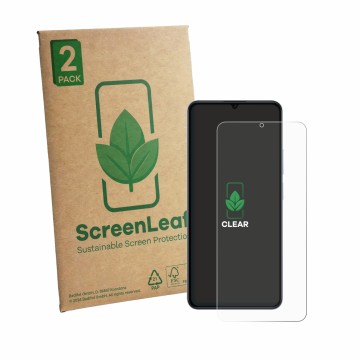 Parte frontal de un envase de producto con el logotipo de la marca ScreenLeaf. Al lado se muestra el dispositivo realme Note 8