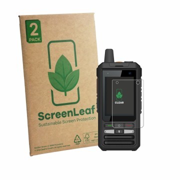 Parte frontal de un envase de producto con el logotipo de la marca ScreenLeaf. Al lado se muestra el dispositivo Uniwa F80S co