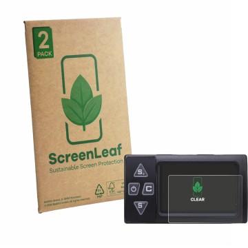 Parte frontal de un envase de producto con el logotipo de la marca ScreenLeaf. Al lado se muestra el dispositivo Buachois Bike