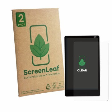 Parte frontal de un envase de producto con el logotipo de la marca ScreenLeaf. Al lado se muestra el dispositivo Acogedo M5 co