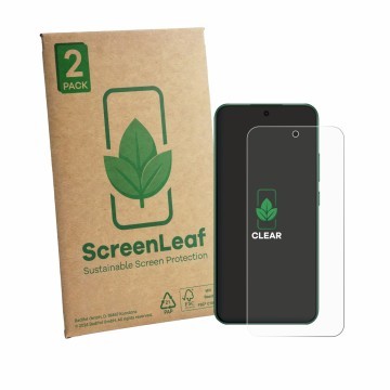Parte frontal de un envase de producto con el logotipo de la marca ScreenLeaf. Al lado se muestra el dispositivo Oppo F33 con 