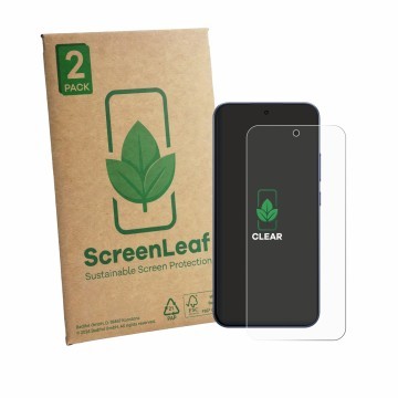 Parte frontal de un envase de producto con el logotipo de la marca ScreenLeaf. Al lado se muestra el dispositivo Oppo F33 Pro 