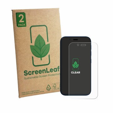 Parte frontale di una confezione del prodotto con il logo del marchio ScreenLeaf. Accanto è raffigurato il dispositivo Hisense
