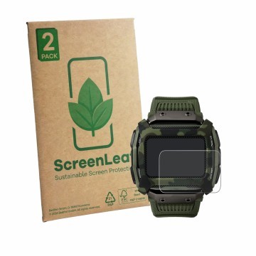 Parte frontal de un envase de producto con el logotipo de la marca ScreenLeaf. Al lado se muestra el dispositivo Timex Command
