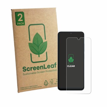 Front side of a product packaging with the brand logo ScreenLeaf. Next to it is the device Xiaomi Poco C81x shown with the cor