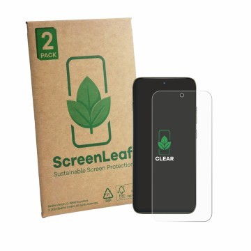 Parte frontal de un envase de producto con el logotipo de la marca ScreenLeaf. Al lado se muestra el dispositivo Motorola Edge