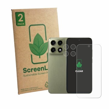 Face avant d’un emballage produit avec le logo de la marque ScreenLeaf. À côté, l’appareil Motorola Edge 70 Pro (Avant+Caméra)